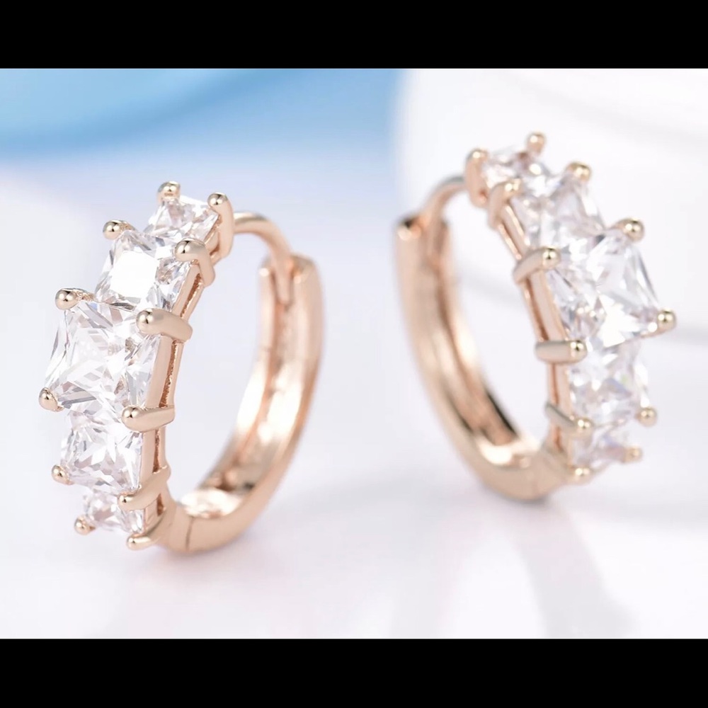 Gold Filled Princess Cut Clear Crystal Round Hoop Earrings